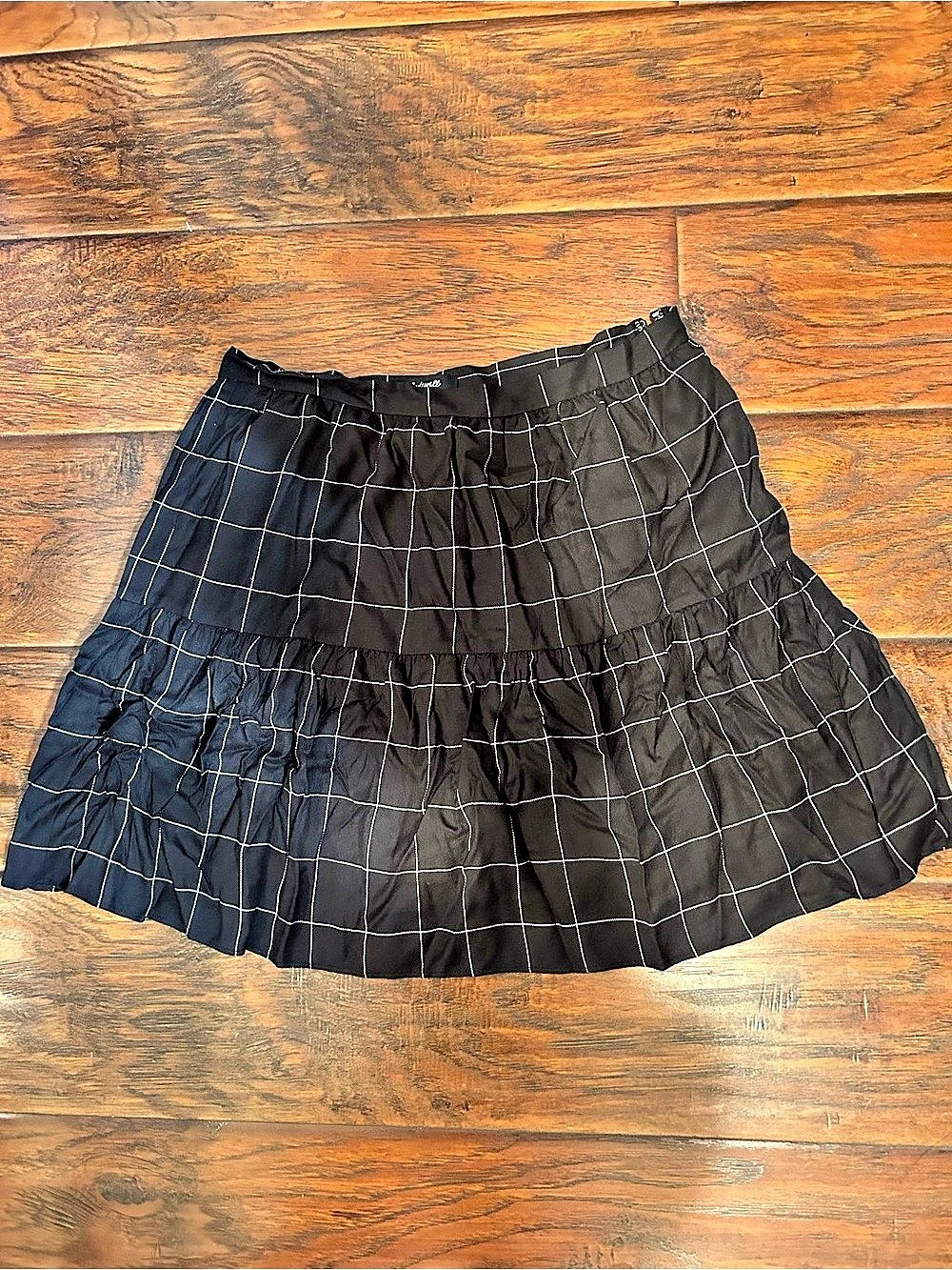 Madewell Windowpane Grid Tiered Mini Skirt Checkered Mini Skirt in Black Size
